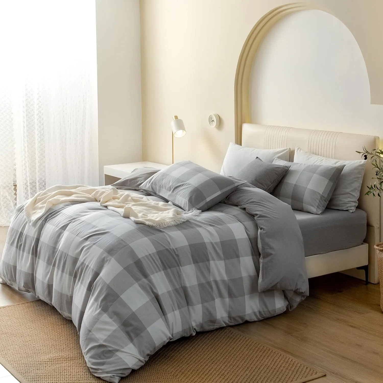 JIYUAN 100% Washed Cotton Duvet Cover Set 3 Pieces King, 1 Duvet Cover 104x90 Inches(Comforter Not Included) and 2 Pillowcases,Linen Feel Bedding Set Comfy and Breathable, Heathered Plaid Grey