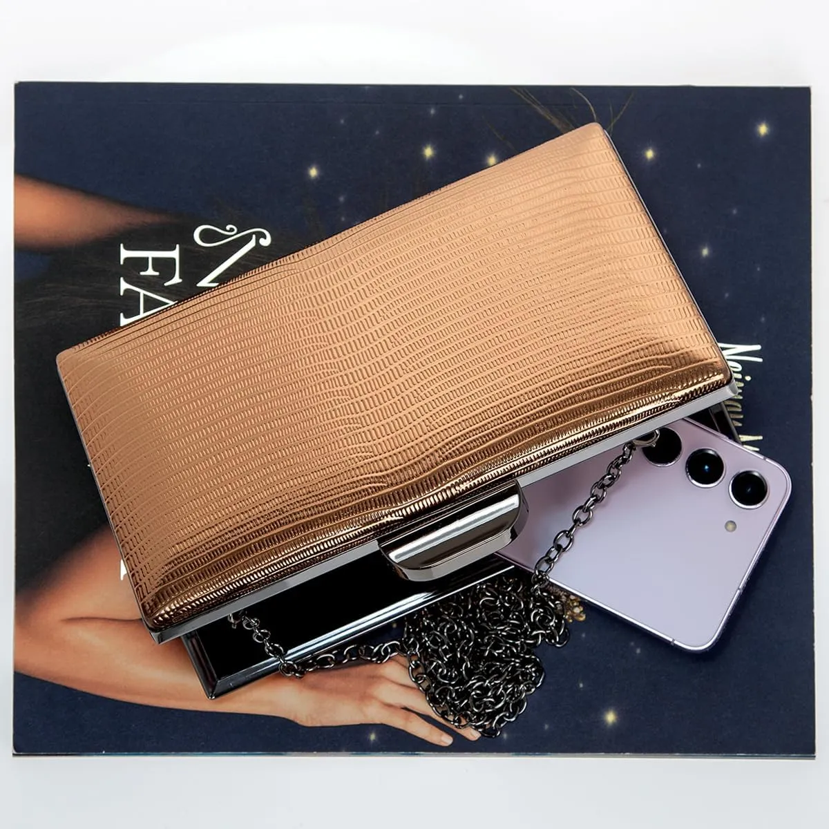 JNB Women's Metallic Material Hard Case Evening Party Clutch