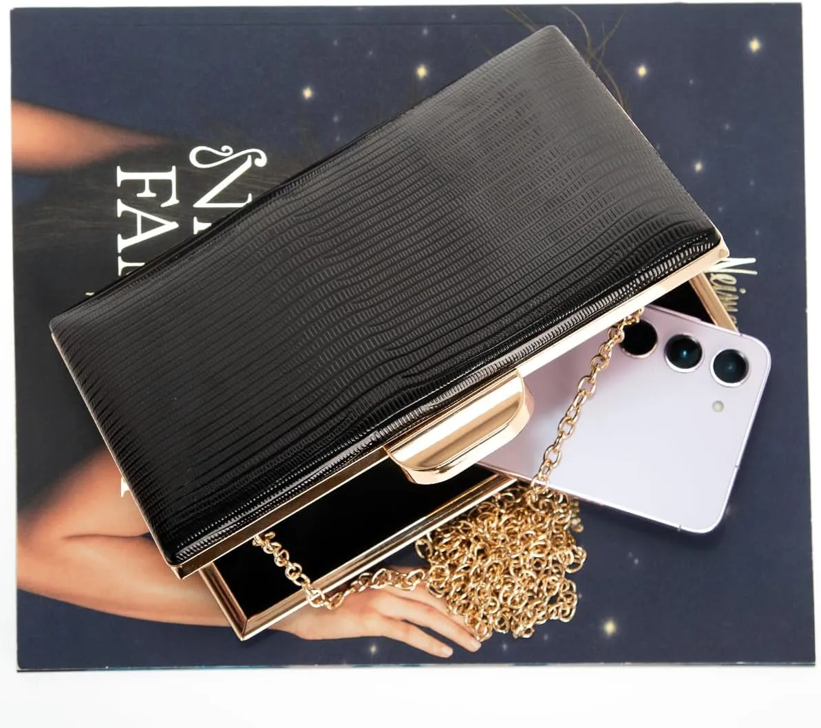 JNB Women's Metallic Material Hard Case Evening Party Clutch