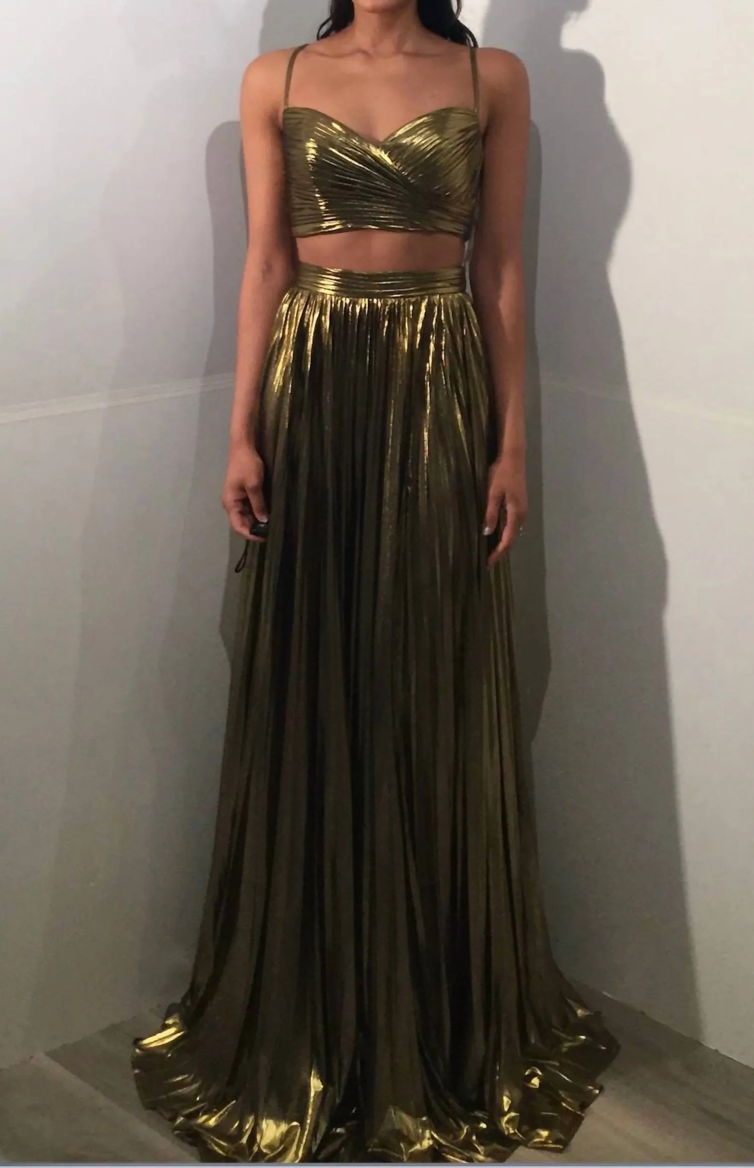 Jovani - Pleated Metallic Cut Out Gown