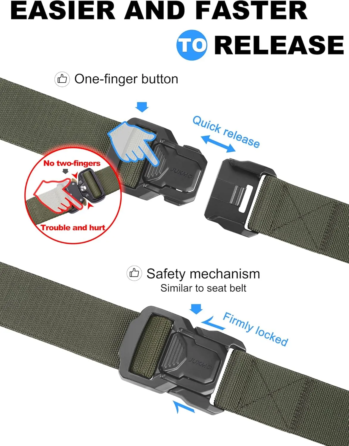 JUKMO Tactical Belt for Men, Military Rigger 1.5" Nylon Web Work Belt with Quick Release Heavy Duty Buckle