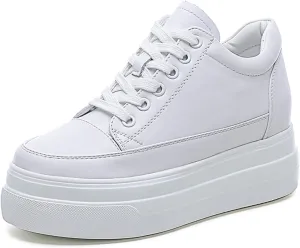 Julymens Women's Platform Lace-Up Sneakers Hidden Wedge Heel Faux Leather Casual Sports Shoes