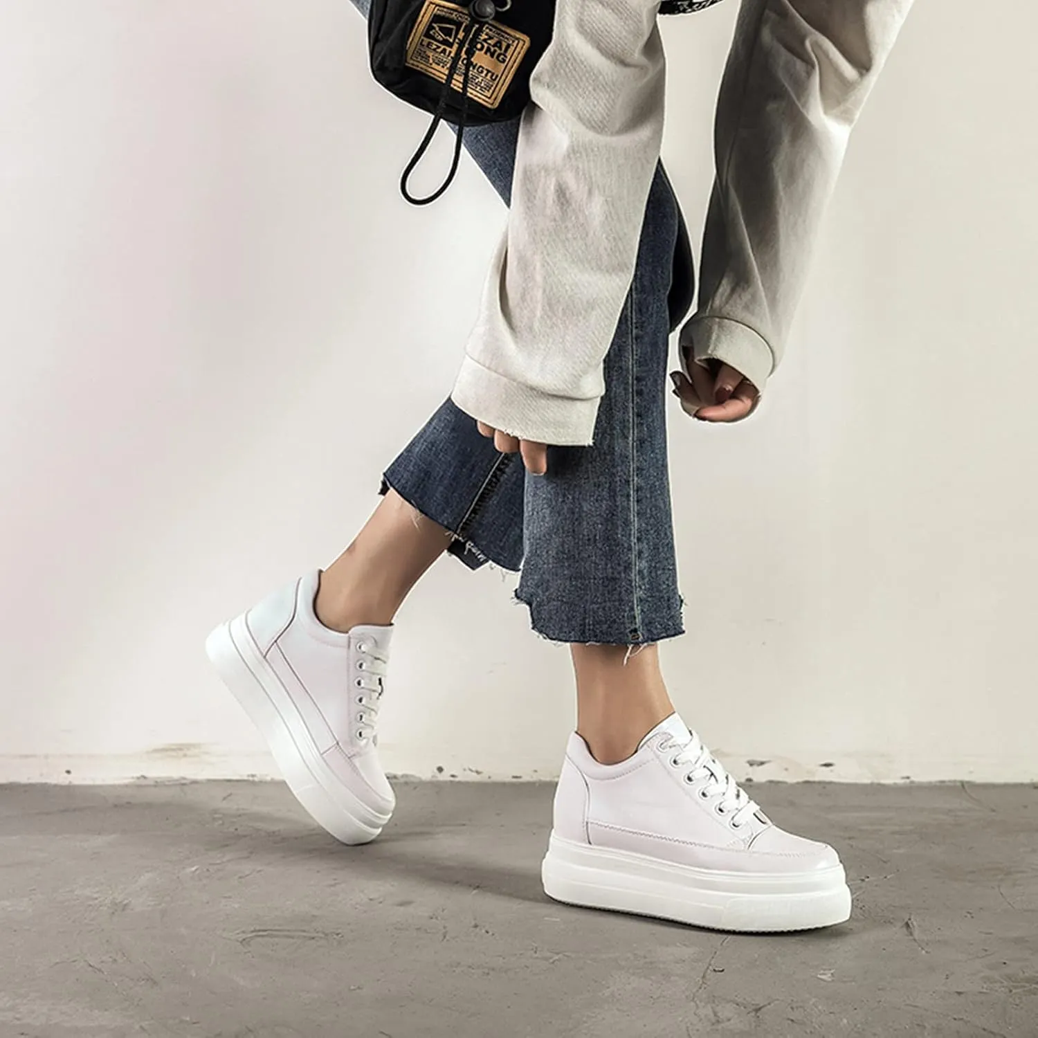 Julymens Women's Platform Lace-Up Sneakers Hidden Wedge Heel Faux Leather Casual Sports Shoes