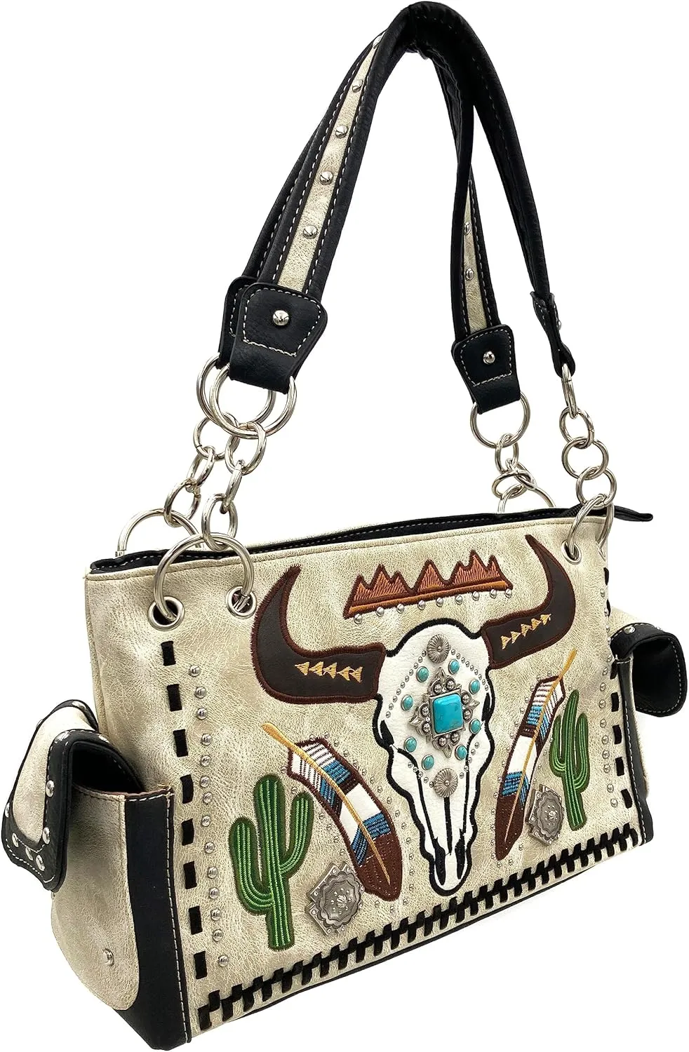 Justin West Native Longhorn Cow Skull Cactus Feather Color Conceal Carry Shoulder Handbag Purse | Trifold Wallet