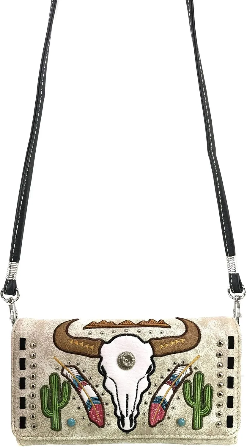 Justin West Native Longhorn Cow Skull Cactus Feather Color Conceal Carry Shoulder Handbag Purse | Trifold Wallet