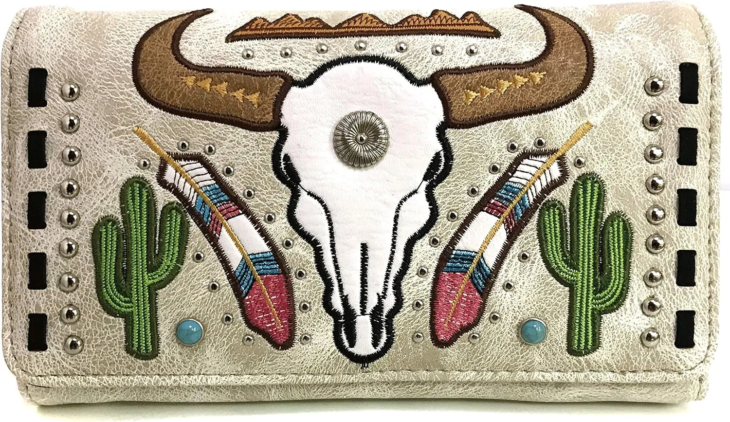 Justin West Native Longhorn Cow Skull Cactus Feather Color Conceal Carry Shoulder Handbag Purse | Trifold Wallet