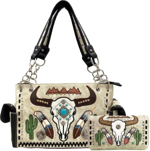 Justin West Native Longhorn Cow Skull Cactus Feather Color Conceal Carry Shoulder Handbag Purse | Trifold Wallet
