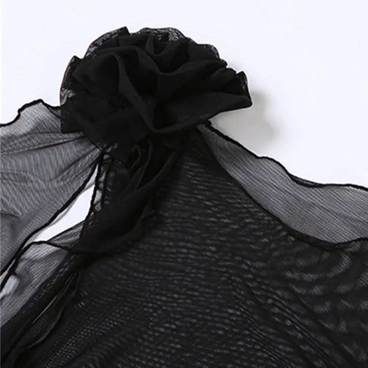 KATE Mesh RUFFLE FLowER DECORATED TOP