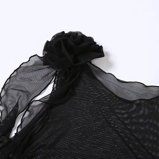 KATE Mesh RUFFLE FLowER DECORATED TOP