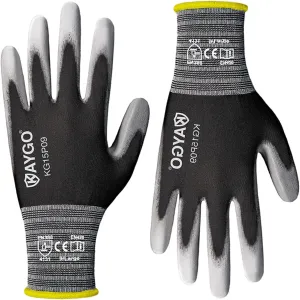 KAYGO Work Gloves PU Coated 12 Pairs, KG15P,Nylon Liner with Flexible Polyurethane Coating,Safety Work Gloves for DIY, Assembly, Warehouse, Light Duty Work (Large, Black)