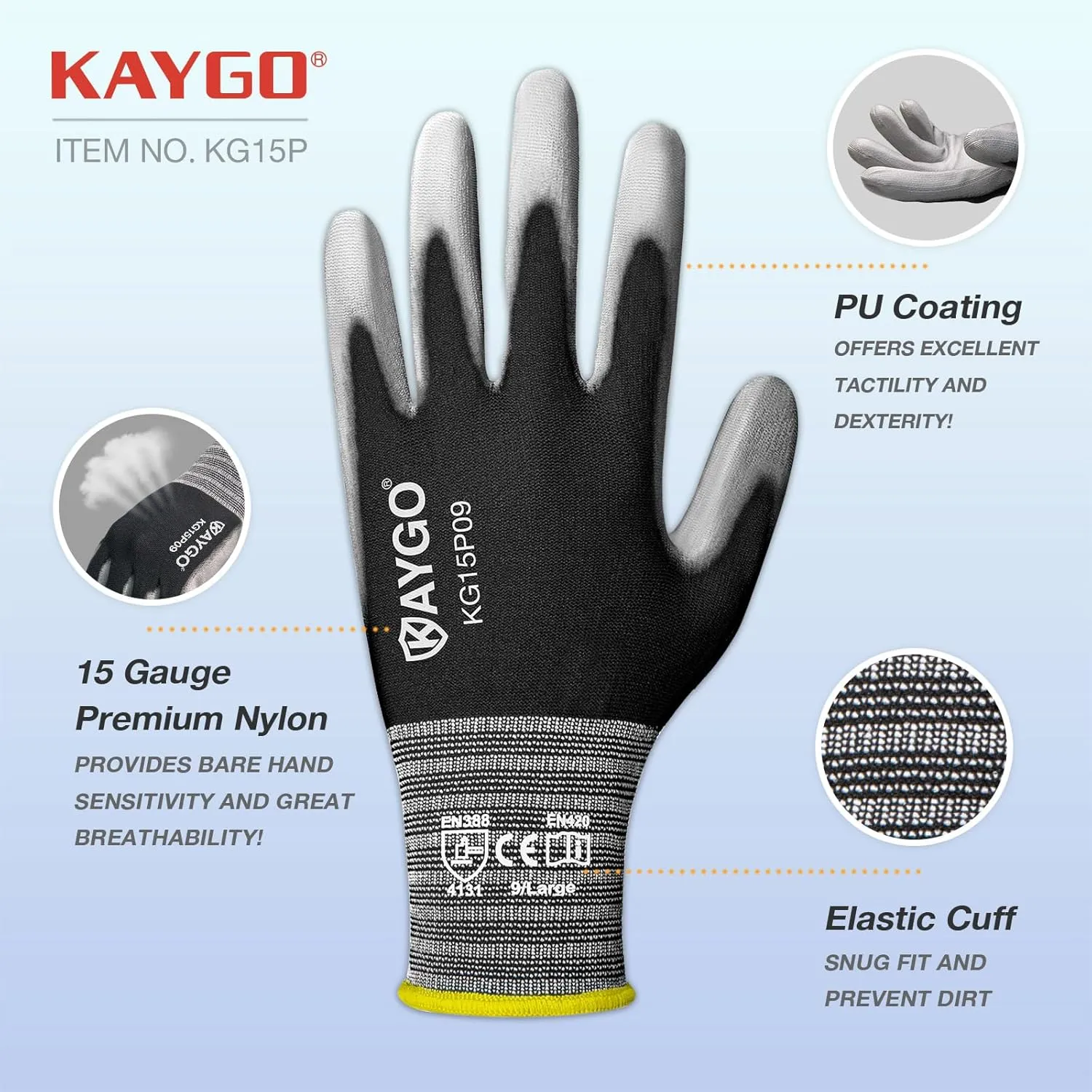 KAYGO Work Gloves PU Coated 12 Pairs, KG15P,Nylon Liner with Flexible Polyurethane Coating,Safety Work Gloves for DIY, Assembly, Warehouse, Light Duty Work (Large, Black)