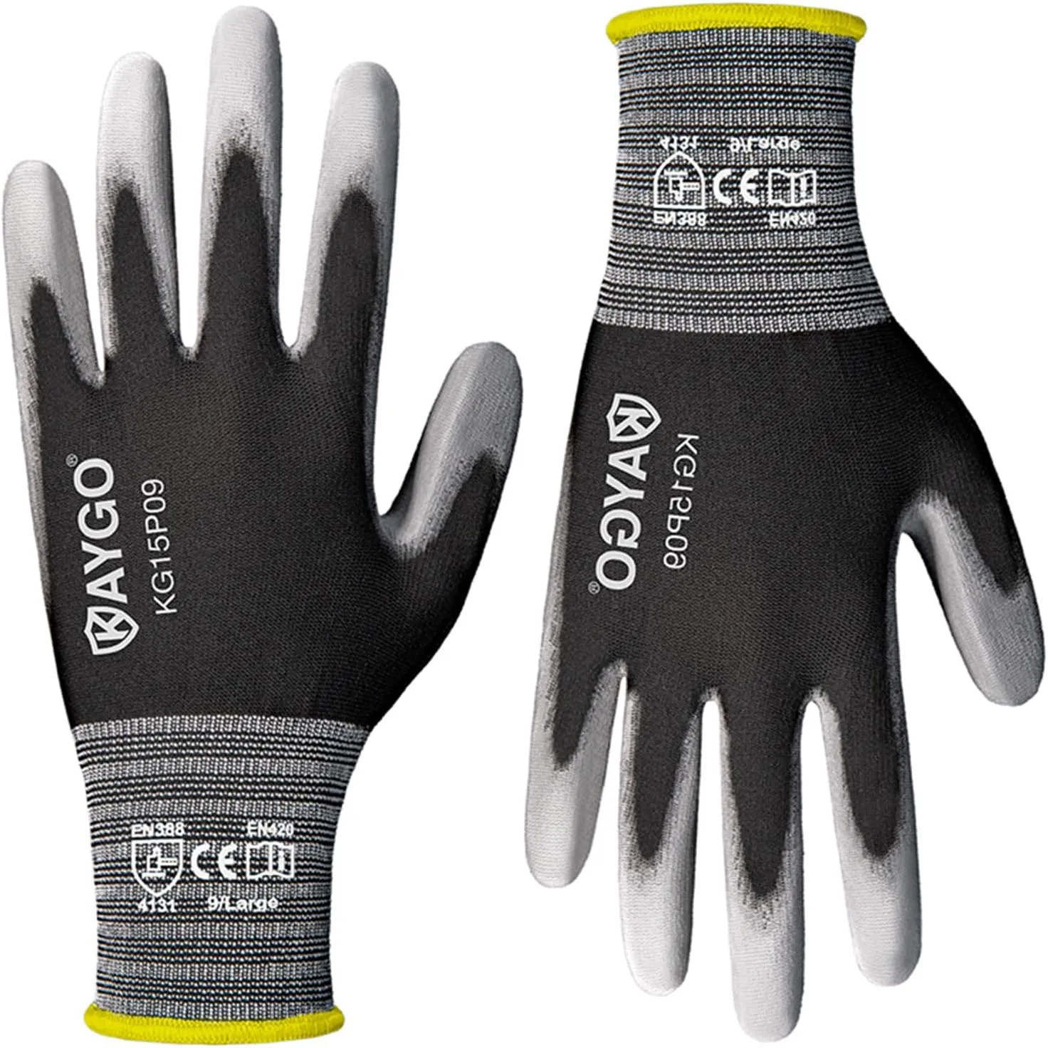 KAYGO Work Gloves PU Coated 12 Pairs, KG15P,Nylon Liner with Flexible Polyurethane Coating,Safety Work Gloves for DIY, Assembly, Warehouse, Light Duty Work (Large, Black)