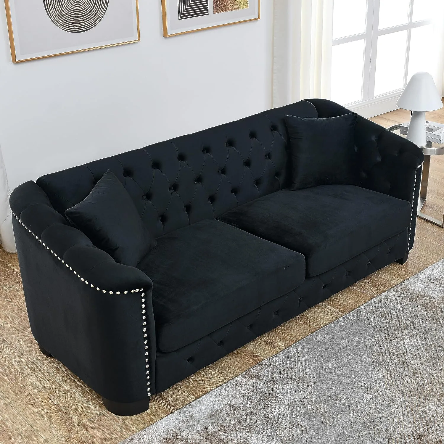 KEIKI 77" Chesterfield Sofa, Retro Upholstered Velvet Couch with Nailhead Arms, Tufted Backrests, 2 Cushions for Living Room Bedroom Office Apartment, Black