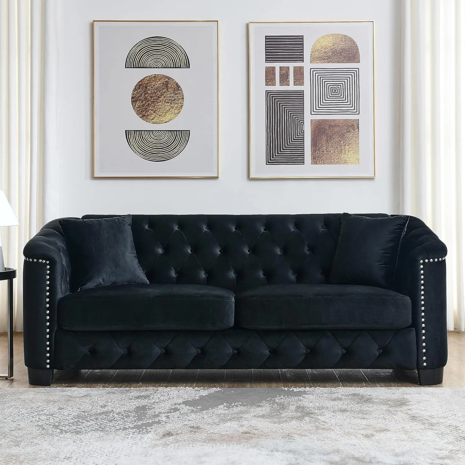 KEIKI 77" Chesterfield Sofa, Retro Upholstered Velvet Couch with Nailhead Arms, Tufted Backrests, 2 Cushions for Living Room Bedroom Office Apartment, Black