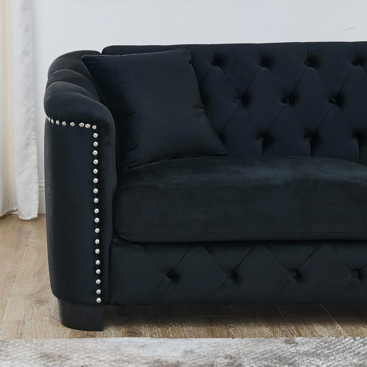 KEIKI 77" Chesterfield Sofa, Retro Upholstered Velvet Couch with Nailhead Arms, Tufted Backrests, 2 Cushions for Living Room Bedroom Office Apartment, Black