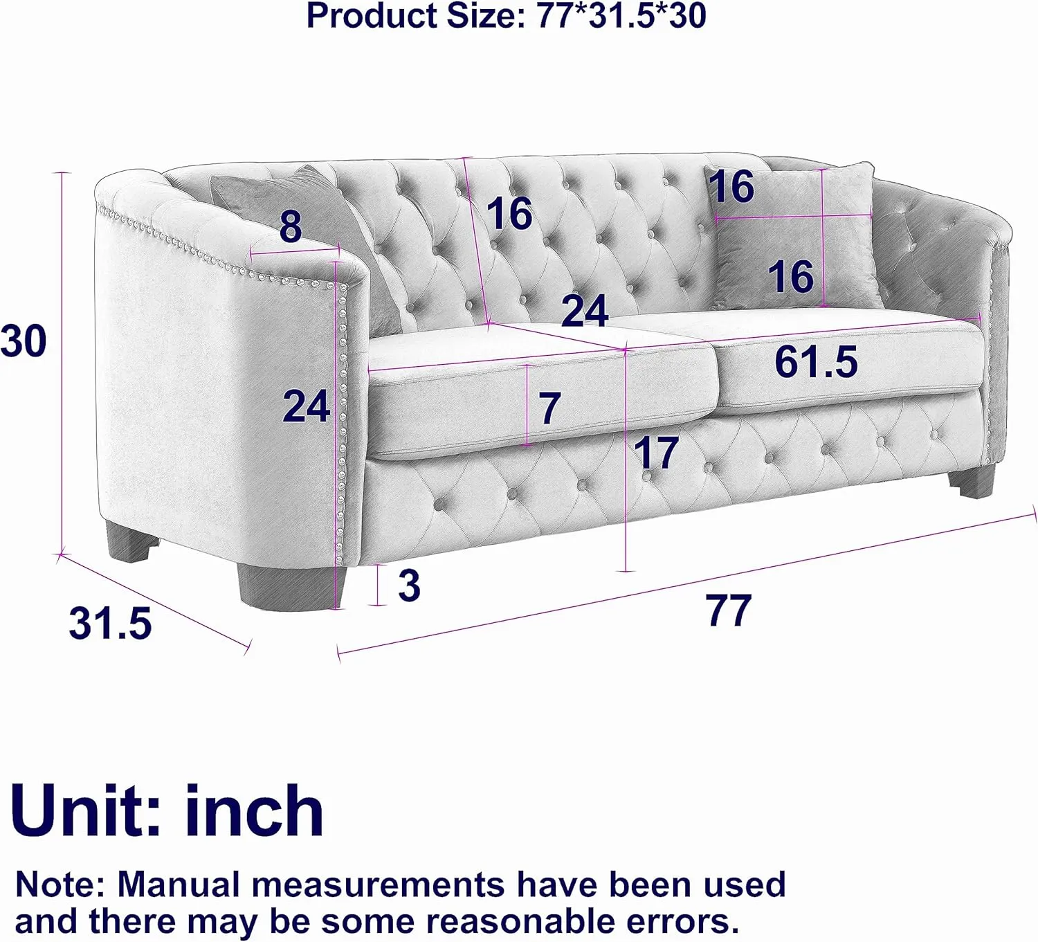 KEIKI 77" Chesterfield Sofa, Retro Upholstered Velvet Couch with Nailhead Arms, Tufted Backrests, 2 Cushions for Living Room Bedroom Office Apartment, Black