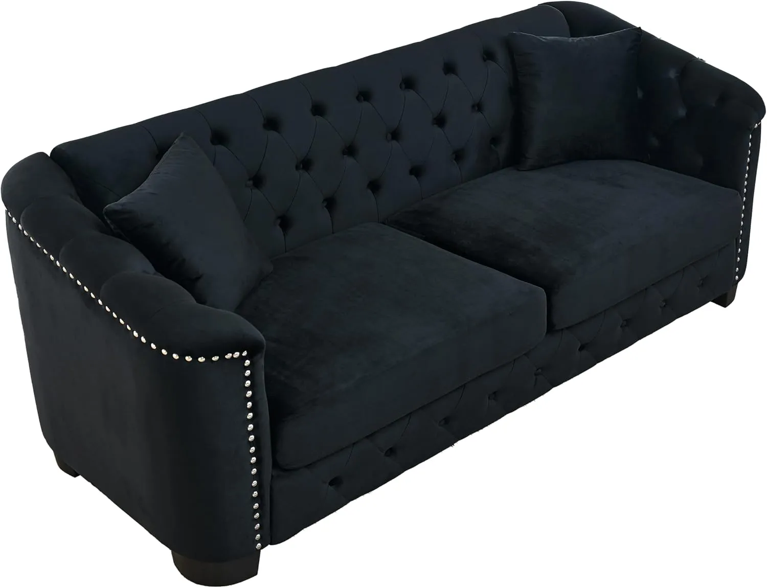 KEIKI 77" Chesterfield Sofa, Retro Upholstered Velvet Couch with Nailhead Arms, Tufted Backrests, 2 Cushions for Living Room Bedroom Office Apartment, Black