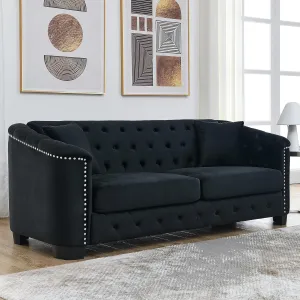 KEIKI 77" Chesterfield Sofa, Retro Upholstered Velvet Couch with Nailhead Arms, Tufted Backrests, 2 Cushions for Living Room Bedroom Office Apartment, Black