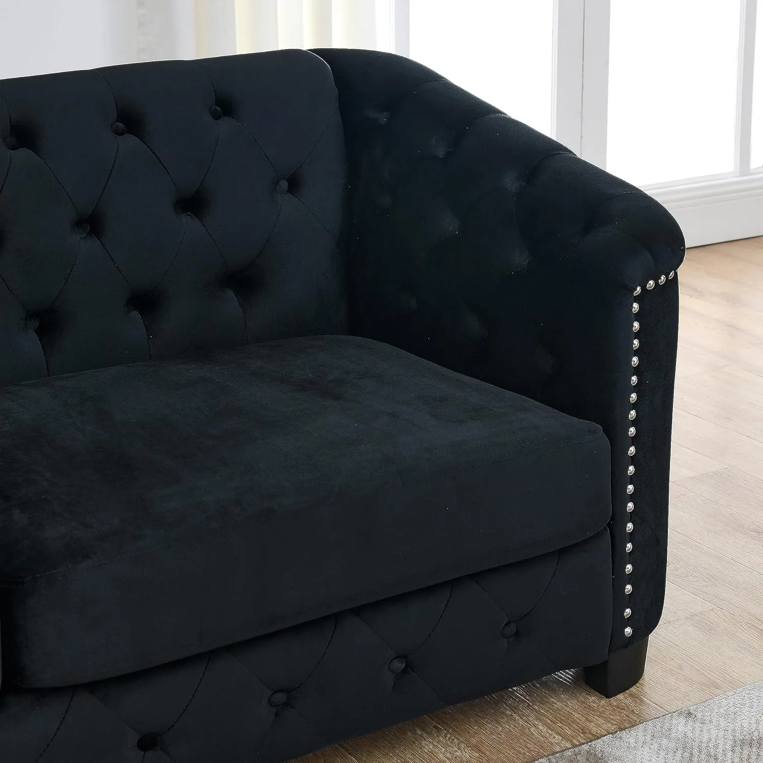 KEIKI 77" Chesterfield Sofa, Retro Upholstered Velvet Couch with Nailhead Arms, Tufted Backrests, 2 Cushions for Living Room Bedroom Office Apartment, Black