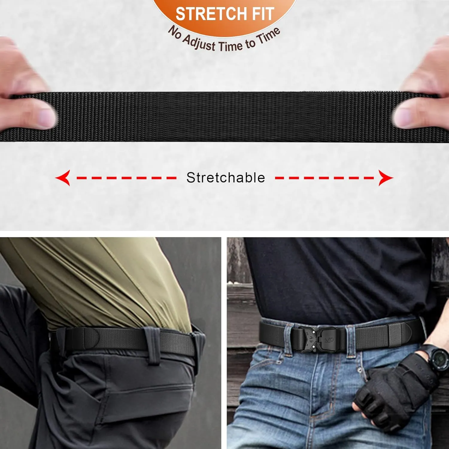 KEMISANT Mens Tactical Belt 2Pack, Stretch Military Rigger Work Belt for Heavy Duty 1.5" Nylon Web Easy Replacing Design