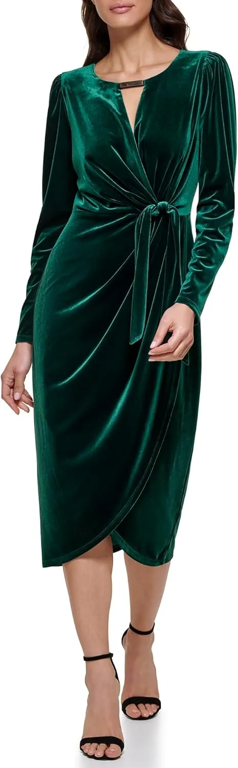 kensie Women's Long Sleeve Velvet Faux Wrap Midi Dress