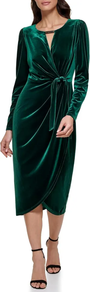 kensie Women's Long Sleeve Velvet Faux Wrap Midi Dress