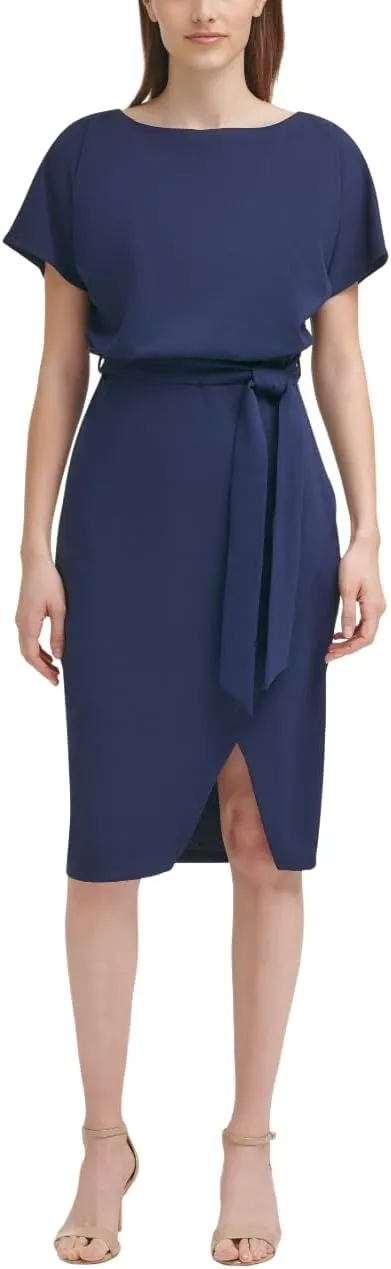 kensie Women's Short Sleeve Tie Waist Midi Dress