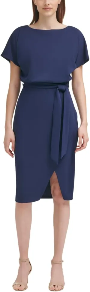 kensie Women's Short Sleeve Tie Waist Midi Dress