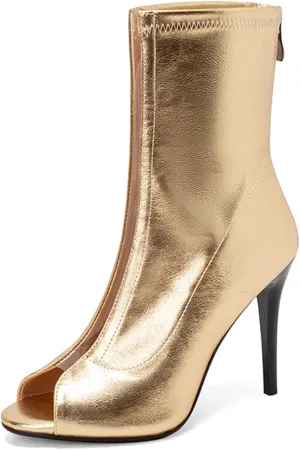 KIKIVIVI Women's Lace Up Peep Toe Booties Sparkly Metallic Open Toe Booties Boots Sandals High Heel Summer Boots for Women