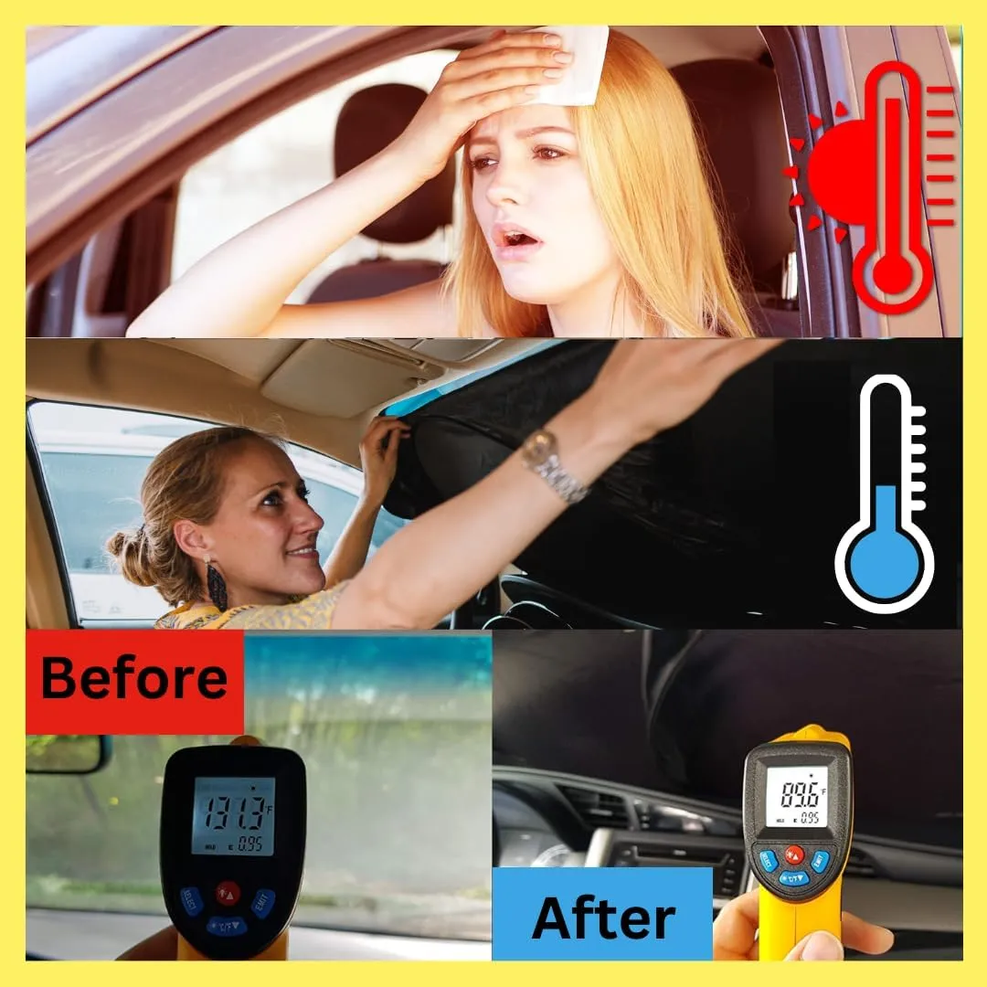 kinder Fluff Patented Windshield Sunshade | Reflective & Foldable Windshield Sun Cover & 99% UV Rays Block | Car Window Shade Interior Accessories Sunshades for Windscreen & Dashboard - XL (66x37in)