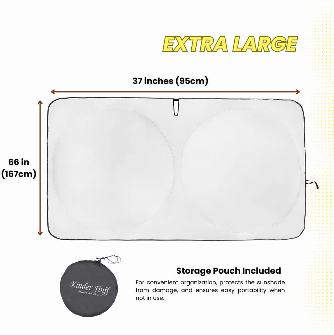 kinder Fluff Patented Windshield Sunshade | Reflective & Foldable Windshield Sun Cover & 99% UV Rays Block | Car Window Shade Interior Accessories Sunshades for Windscreen & Dashboard - XL (66x37in)