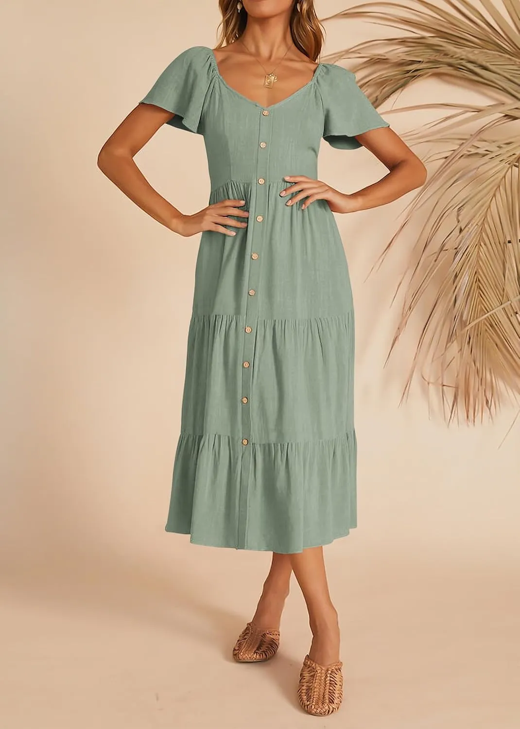 KIRUNDO Women 2025 Spring Summer Casual Linen Short Sleeve Midi Dress Button V Neck Tiered Vacation Sundress with Pockets
