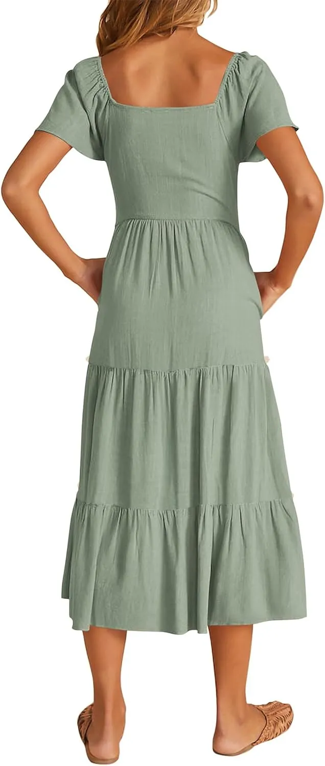 KIRUNDO Women 2025 Spring Summer Casual Linen Short Sleeve Midi Dress Button V Neck Tiered Vacation Sundress with Pockets