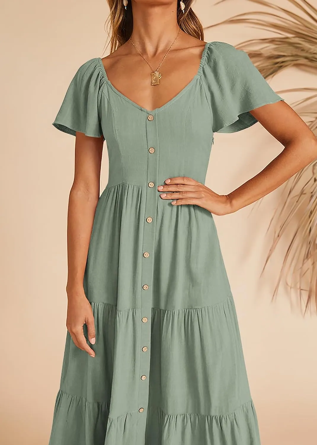 KIRUNDO Women 2025 Spring Summer Casual Linen Short Sleeve Midi Dress Button V Neck Tiered Vacation Sundress with Pockets