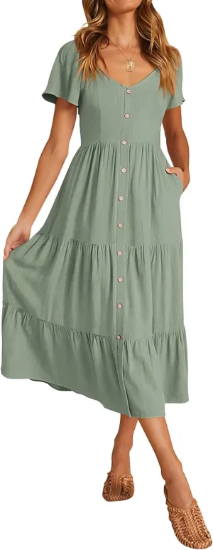 KIRUNDO Women 2025 Spring Summer Casual Linen Short Sleeve Midi Dress Button V Neck Tiered Vacation Sundress with Pockets