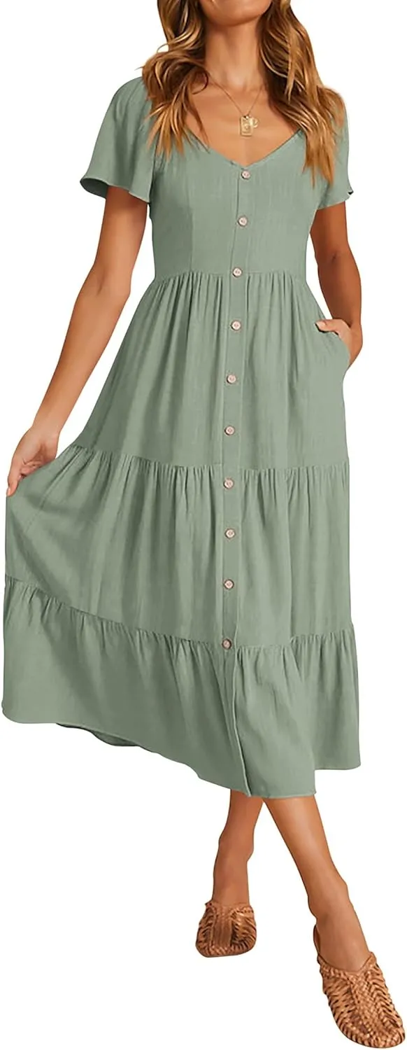KIRUNDO Women 2025 Spring Summer Casual Linen Short Sleeve Midi Dress Button V Neck Tiered Vacation Sundress with Pockets