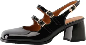KISSASA Punk Goth Chunky Mary Janes Patent Leather Slingback Square Toe Pumps Metallic Heels Black Size 7.5