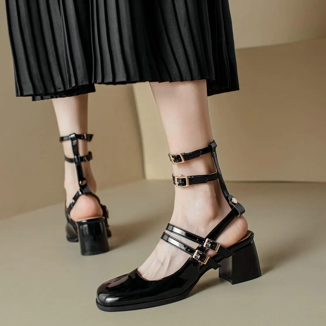 KISSASA Punk Goth Chunky Mary Janes Patent Leather Slingback Square Toe Pumps Metallic Heels