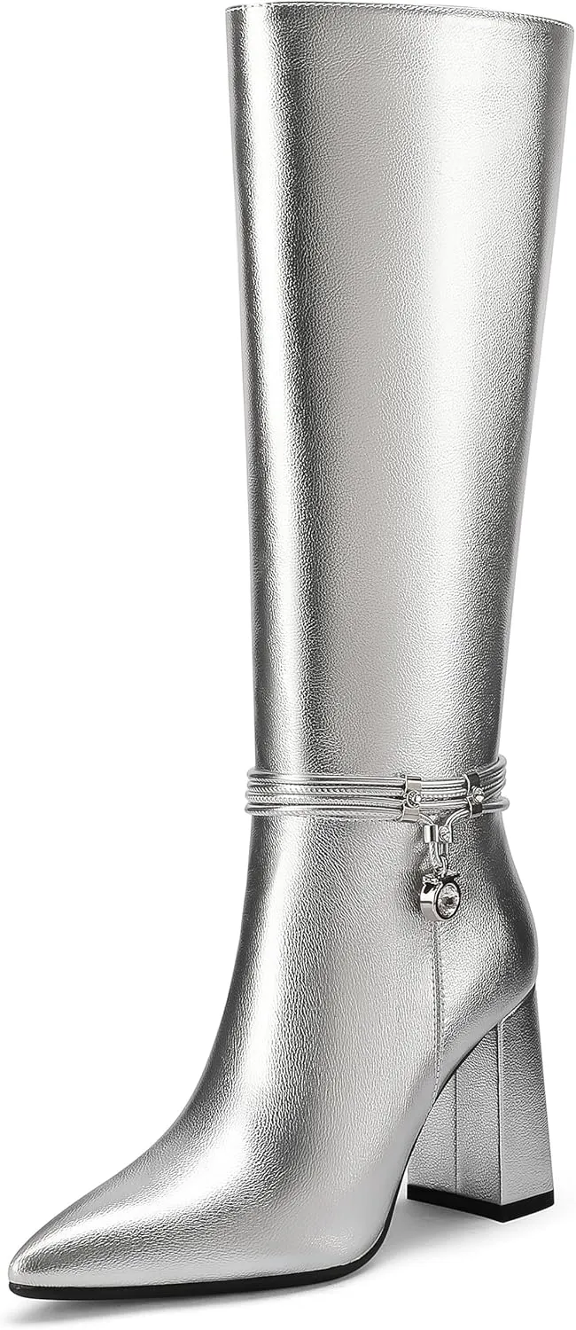 Knee High Boots for Women Chunky Block Heel Tall Boots Pointed Toe Side Zipper Fashion Dress Long Boots