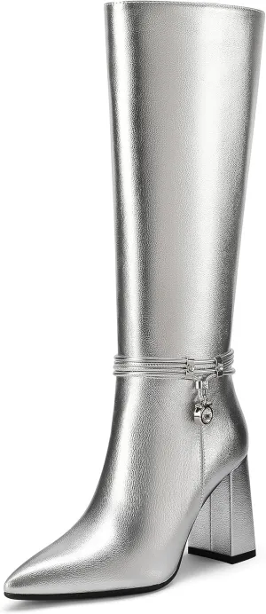 Knee High Boots for Women Chunky Block Heel Tall Boots Pointed Toe Side Zipper Fashion Dress Long Boots