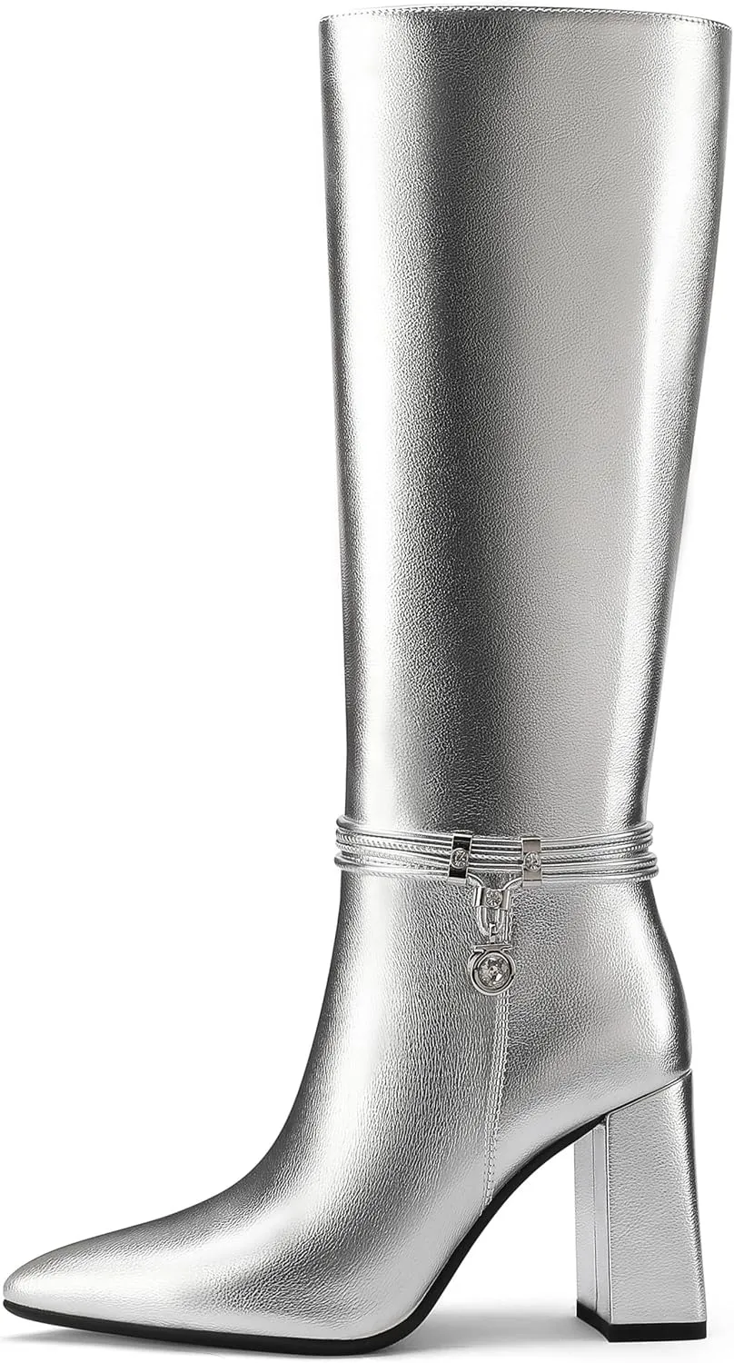 Knee High Boots for Women Chunky Block Heel Tall Boots Pointed Toe Side Zipper Fashion Dress Long Boots