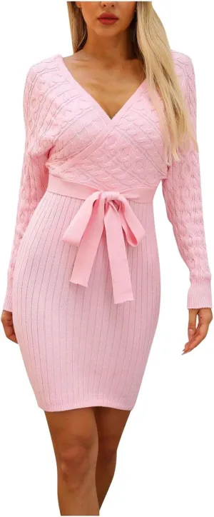 Knit Dresses for Women,Sexy Trendy Womens Spring Dresses Long Sleeve Mini Dress Elegant for Evening Date Wedding