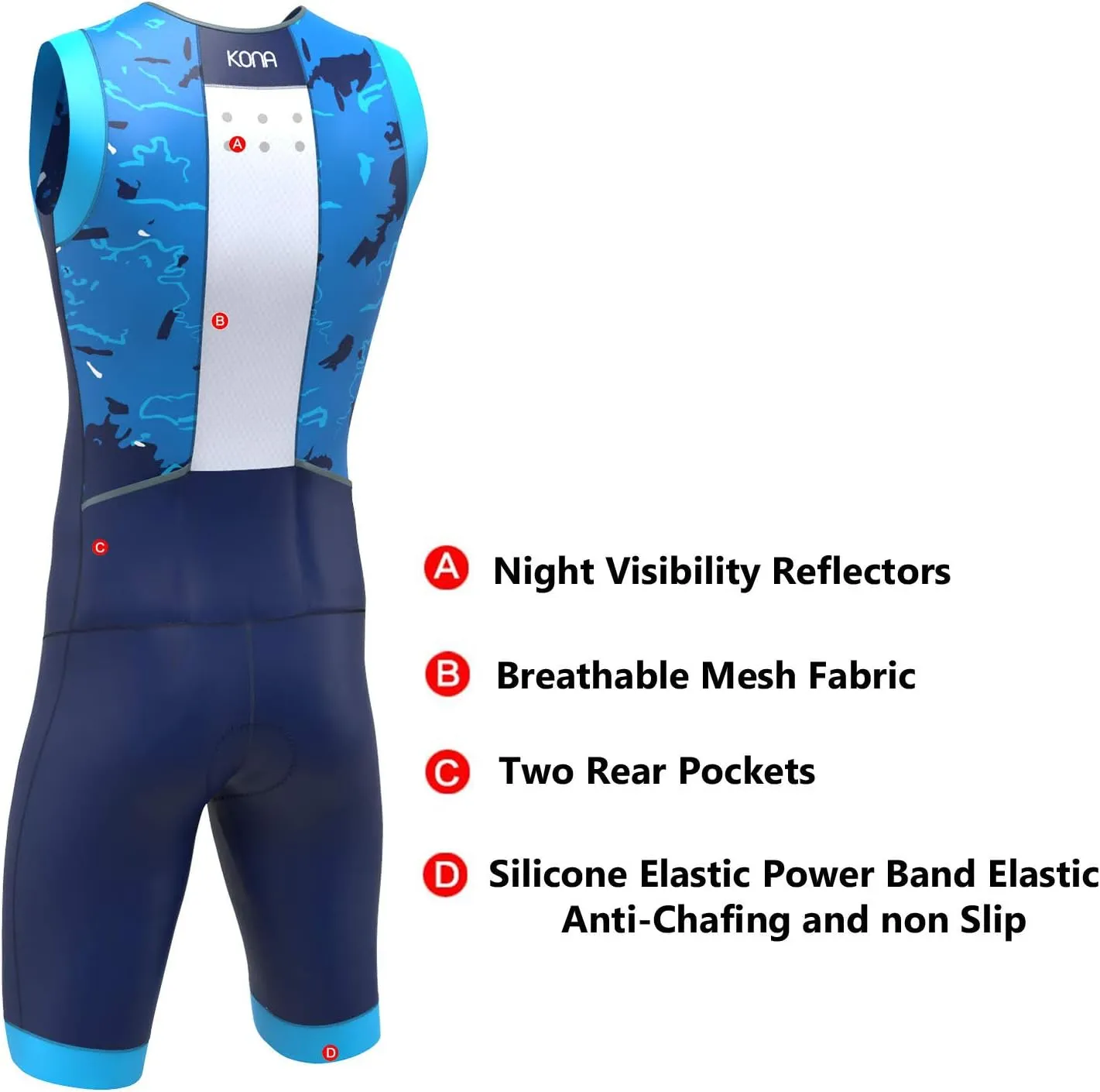 KONA Mens Assault Triathlon Race Suit - Sleeveless Skinsuit Padded Cycling Tri Suit for Swim Bike Run