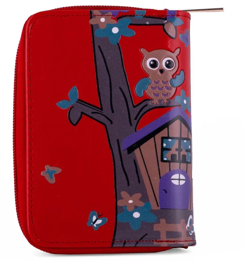 Kukubird Medium Purse Owl's in Tree - Red