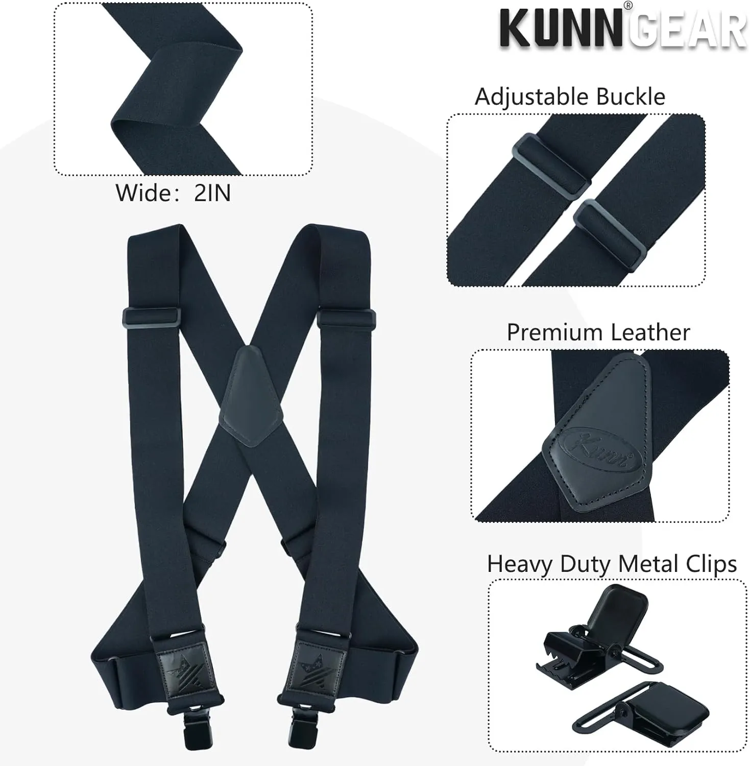 KUNN Men's Suspenders Heavy Duty 2 Inch Side Clip Adjustable Elastic Braces Truck Style Work Suspender