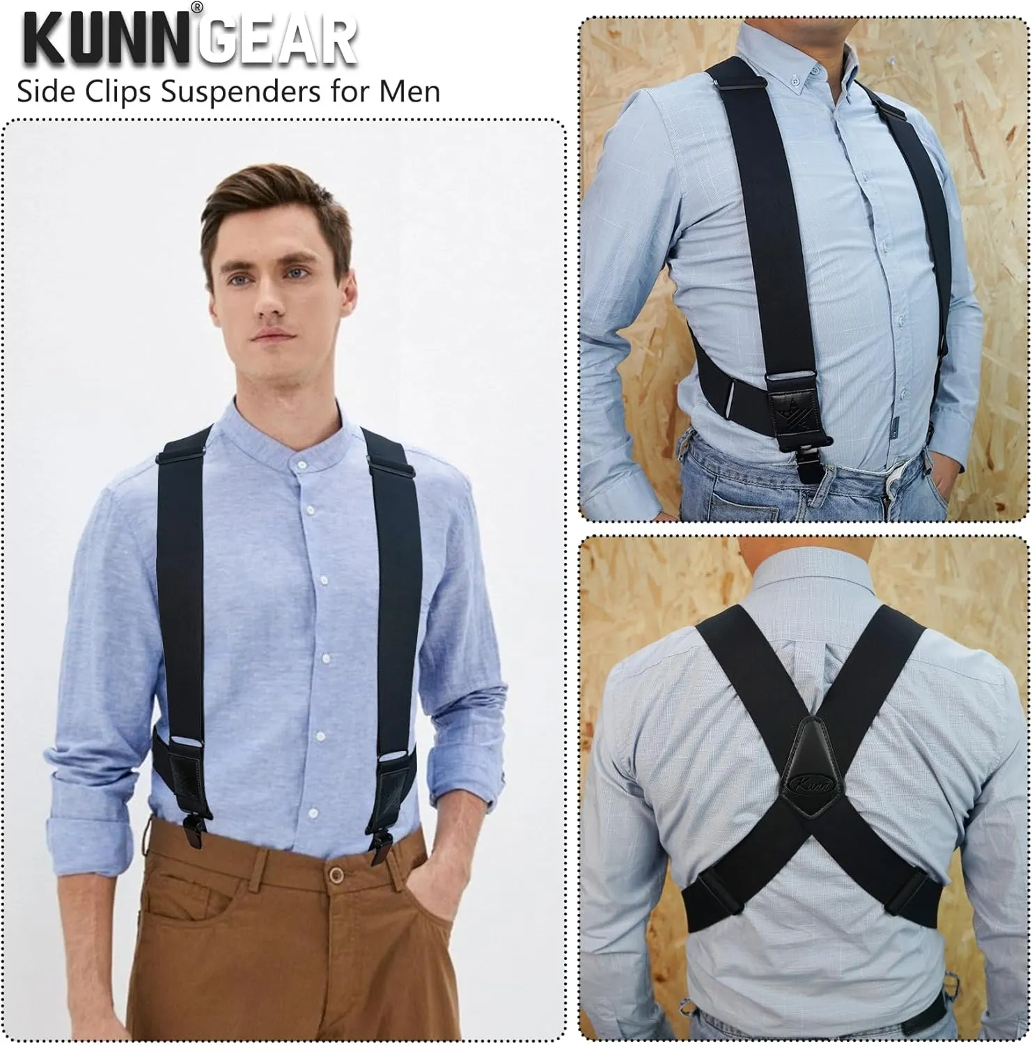 KUNN Men's Suspenders Heavy Duty 2 Inch Side Clip Adjustable Elastic Braces Truck Style Work Suspender