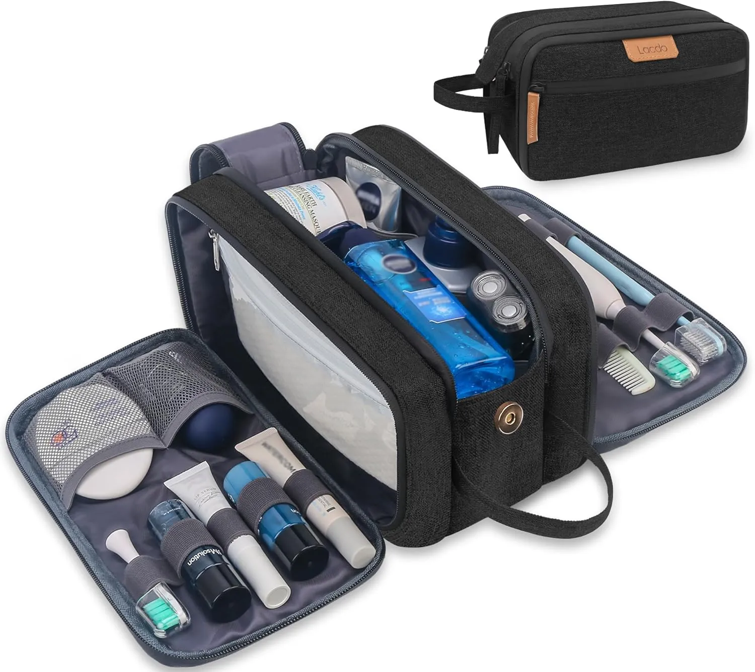 Lacdo Toiletry Bag for Men, Travel Toiletry Organizer Dopp Kit Water-Resistant Large Shaving Bag for Toiletries Accessories Cosmetic Bags, Black
