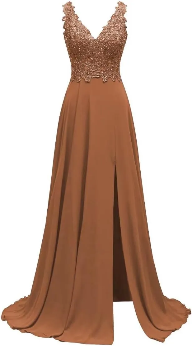 Lace Appliques Chiffon Bridesmaid Dresses 2025 Long Beaded Prom Dress A Line Formal Party Evening Gowns with Slit for Women