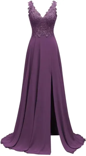 Lace Appliques Chiffon Bridesmaid Dresses 2025 Long Beaded Prom Dress A Line Formal Party Evening Gowns with Slit for Women