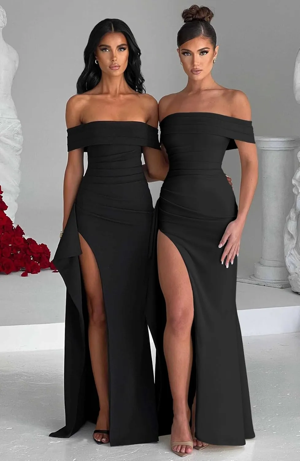 LAGSHIAN Women's Elegant Bodycon Off Shoulder Sleeveless High Split Ruched Long Formal Evening Dress